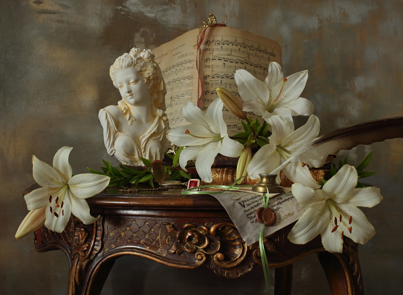Andrey Morozov, white, still life, flowers, style, ink, notes, Lily, 1080P, pen, sculpture