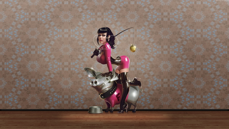 standing, retro Styled, young women, smiling, rod, pig, girl, board, women, looking at camera, bowl, figurine, beauty, cute, pink, lifestyles, beautiful