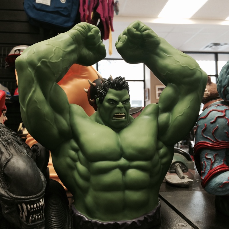 male likeness, incredible hulk, comic, representation, no people, craft, character, spirituality, strength, indoors, power, art and craft, retail, architecture
