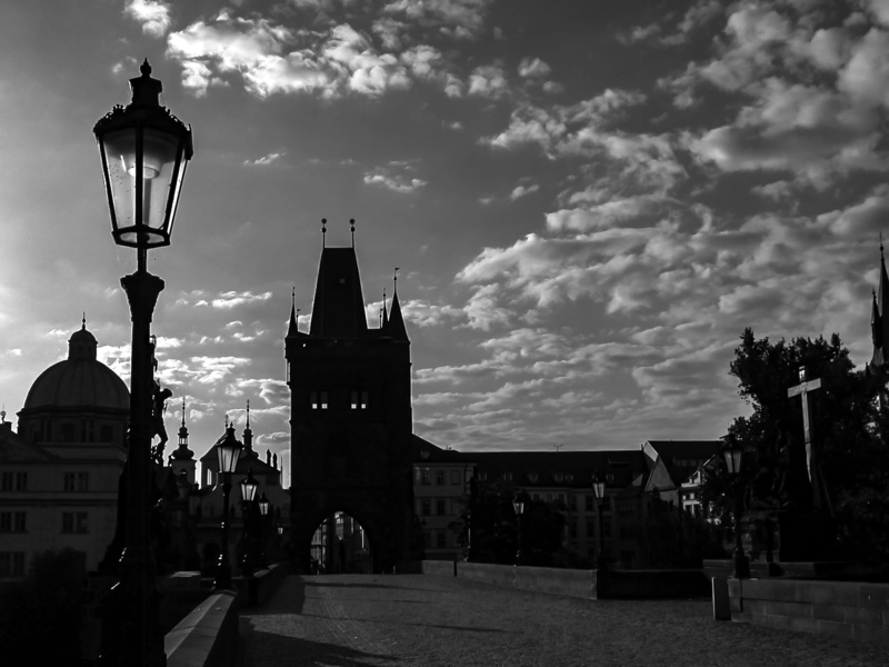 charles bridge, street, spire, czech republic, place of worship, cross, nikon, silhoutte, outdoors, street light, july, vltava river, spirituality, lamp