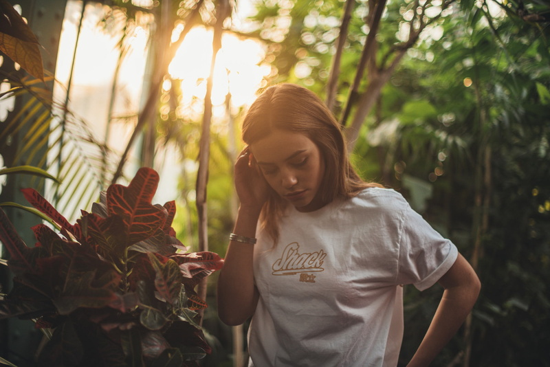 herbarium, T-shirt, sunflowers, touching face, hands in hair, sunrise, sun rays, women, depth of field, hand on face, 720P