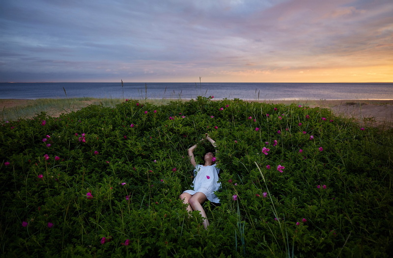 arms up, women outdoors, cloud - sky, herbarium, beauty in nature, closed eyes, non-urban scene, white dress, grass, water, plant, model, horizon over water