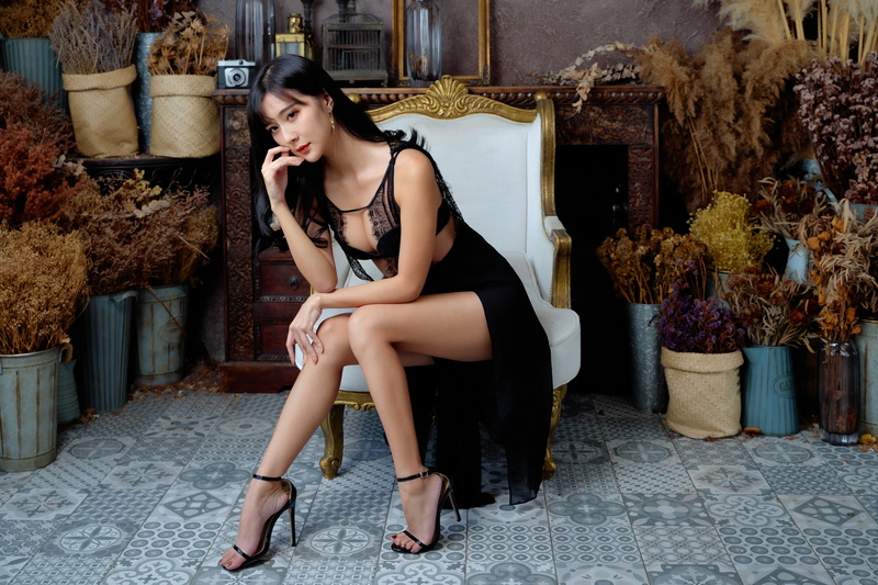 flowers, barefoot sandal, dark hair, 4K, women, depth of field, long hair, herbarium, flowerpot, vases, sitting, cleavage, black dress, camera, chair