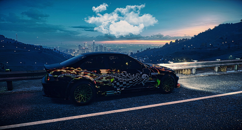 Need For Speed 2015, 8 K, city, BMW M3 E46, RTR wheels, cityscape, Need for Speed, NFS 2015, 5K, car, BMW, 8k gaming, evening glow, evening, widebody