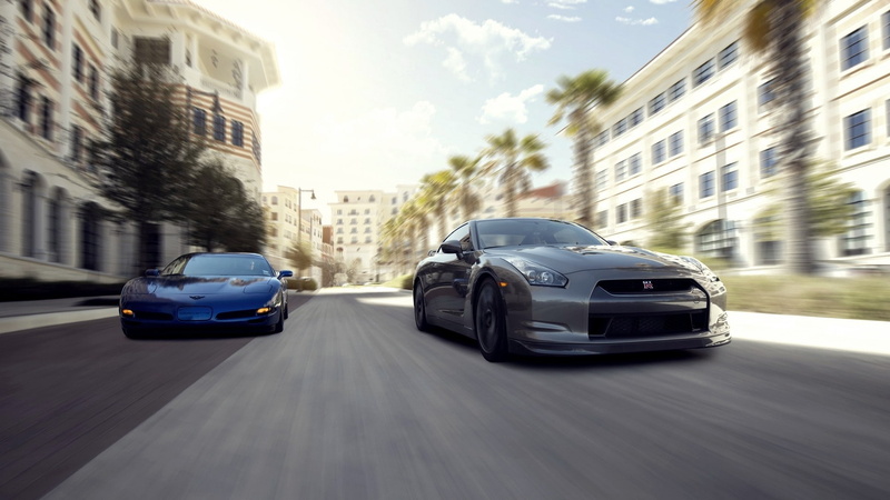 car, architecture, building exterior, nature, Nissan GT-R, road, motion, speed, Chevrolet Corvette, land vehicle, travel, on the move, no people, city