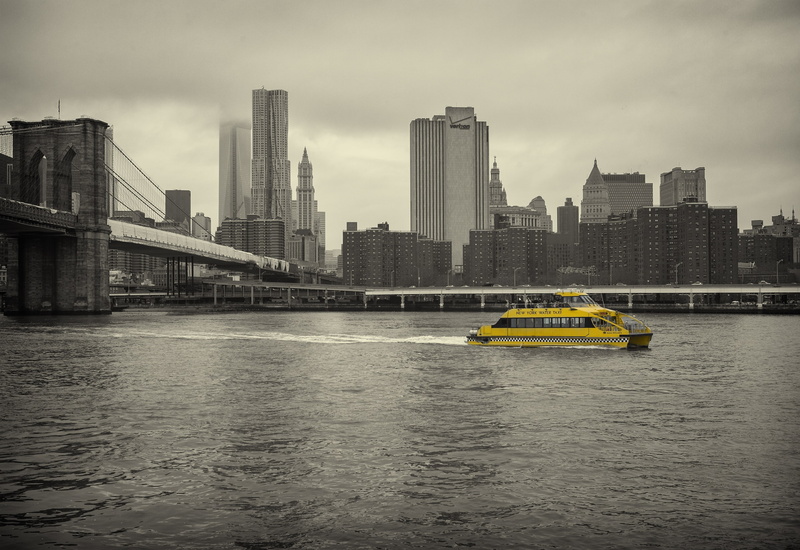modern, city, building exterior, mode of transportation, architecture, skyscraper, connection, water, waterfront, river, taxi, New York City, nautical vessel