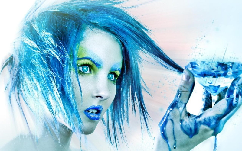 720P, face, diamonds, blue hair, model, lips, women