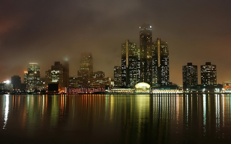 embankment, water, financial district, travel, outdoors, bay, architecture, night, lights, lake, houses, landscape, no People, building, detroit, scenics