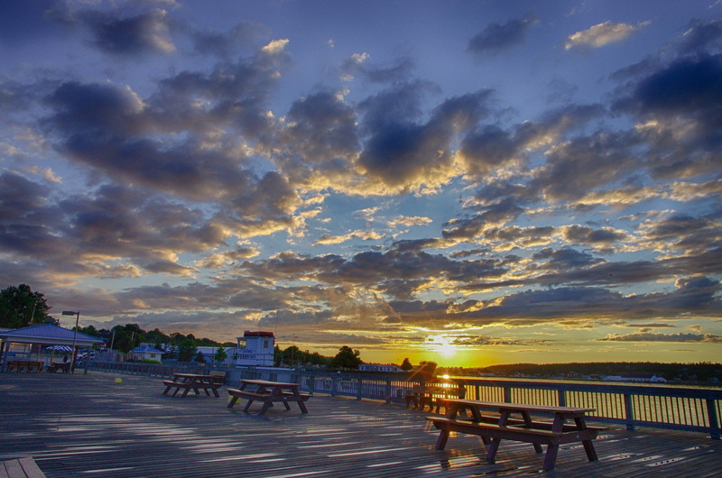 benches, embankment, clouds, wooden, morning, sun, 1080P, river, river embankment