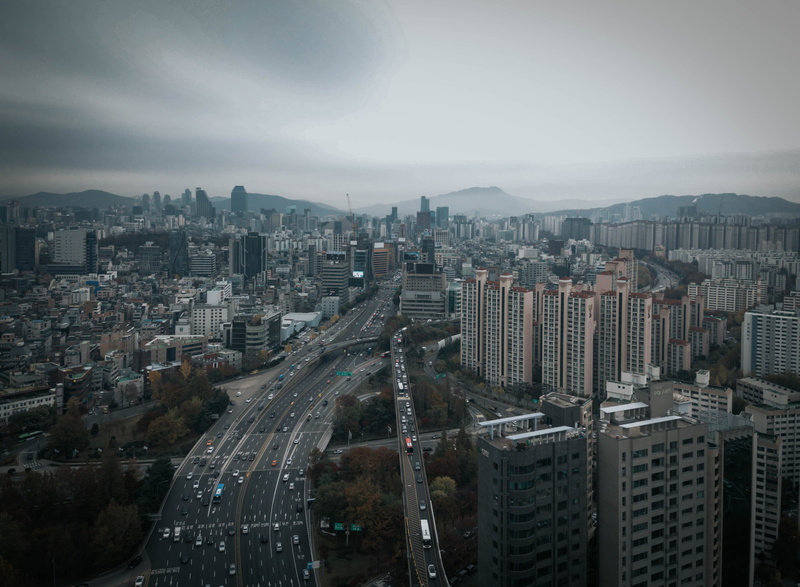 office building exterior, building exterior, highway, city life, apgujeong-dong, sky, modern, road, residential district, downtown, cityscape, aerial view