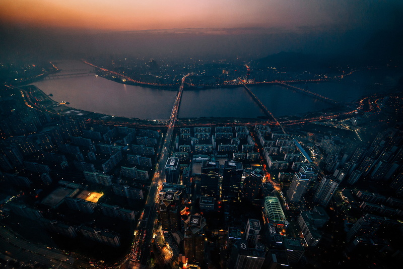 urban, sunrise, illuminated, world, skyscraper, outdoors, dusk, nature, building exterior, no people, buildings, office building exterior, aerial, lotte