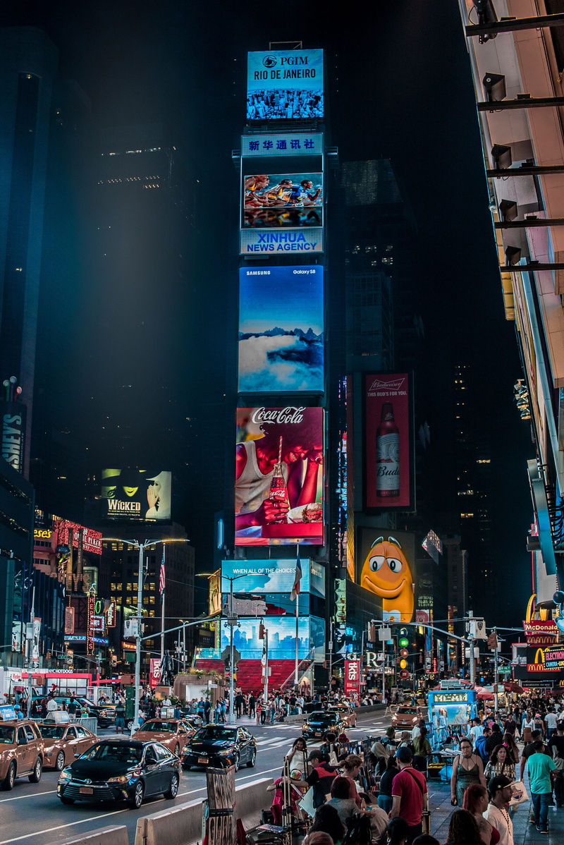 cars, traffic, architecture, city street, building exterior, illuminated, transportation, square, light, text, asphalt, night, city life, time square, two