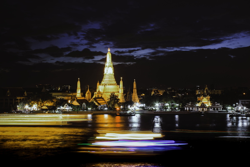 spirituality, long exposure, nightview, building, wat arun, water, buddist, chaophaya, building exterior, built structure, illuminated, nature, 5K, night