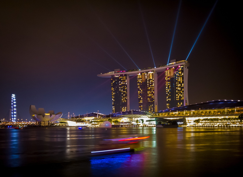 bank, boat, cityscape, bay, building exterior, skyscraper, vibrant, nightview, flyer, architecture, city, tower, singapore flyer, business, sky, luxury