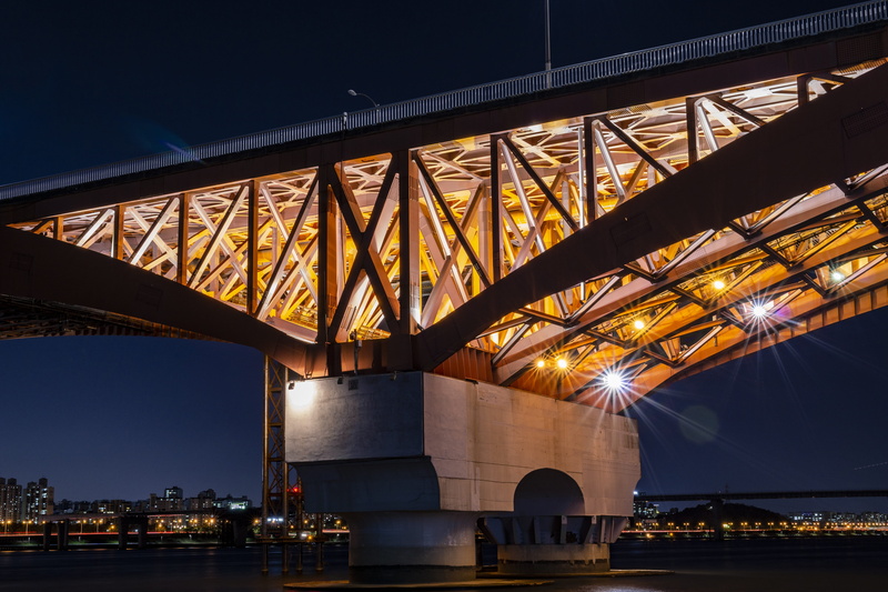night, illuminated, metal, sky, bridge, long, nature, arch bridge, night photography, pier, water, 5K, city, engineering, bridge - man made structure