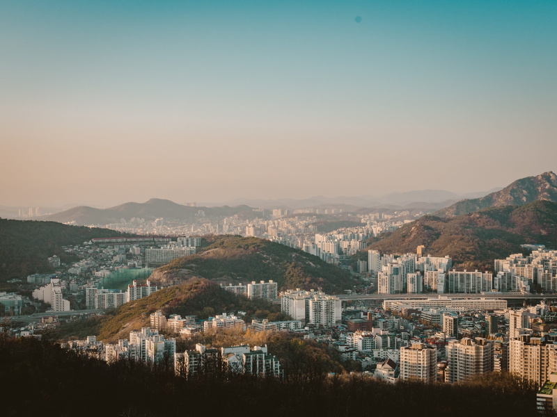 birds eye view, nature, from above, residential district, 5K, no people, skyline, buildings, mountain range, outdoors, architecture, aerial shot, seoul