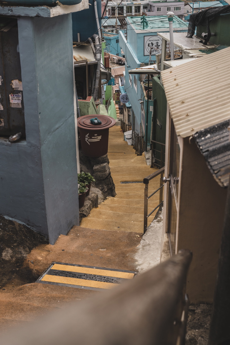 footpath, water, gamcheon culture vilage, stair, old, table, urban, apparel, 5K, wood - material, vilage, built structure, nature, architecture, person