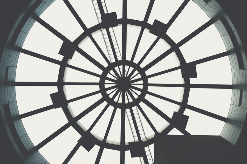 geometric shape, circle, black and white, design, grayscale, sunlight, building, light, ceiling, low angle view, architecture, shape, clock, composition