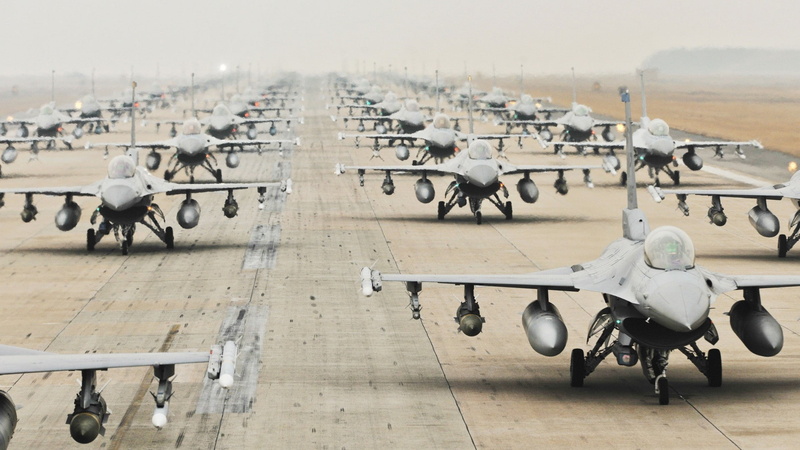 incidental people, airplane, plane, army, nature, transportation, outdoors, mode of transportation, group of people, animal themes, group of animals, military aircraft military aircraft airplane jet fighter republic of korea armed forces republic of korea air force general dynamics f 16 fighting falcon