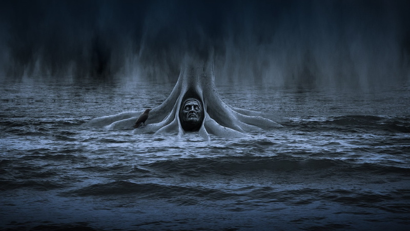 dark, 500px, face, spooky, water, digital art, Hani Latif Zaloum, trees, 1080P