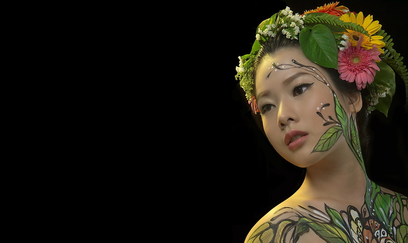 hani nguyen, body art, girl, Asian, body painting, portrait, 1080P