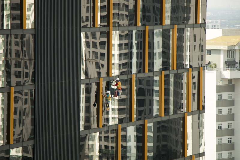 window washer, vietnam, office building exterior, window, glass - material, 5K, skyscraper, building exterior, washing windows, cleaning, city, people
