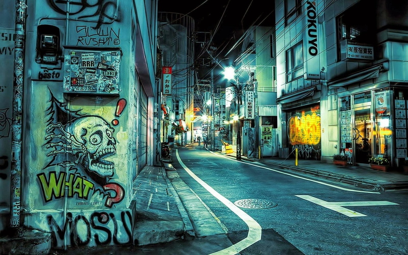 no people, HDR, night, built structure, building exterior, marking, 1080P, street light, symbol, city street, architecture, road, street, illuminated