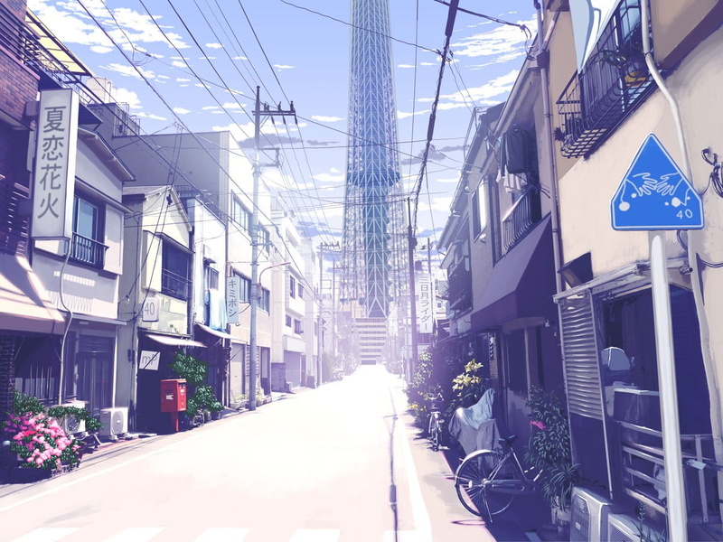 nature, cable, day, outdoors, sky, 480P, transportation, sunlight, residential district, mode of transportation, street, electricity, anime, connection