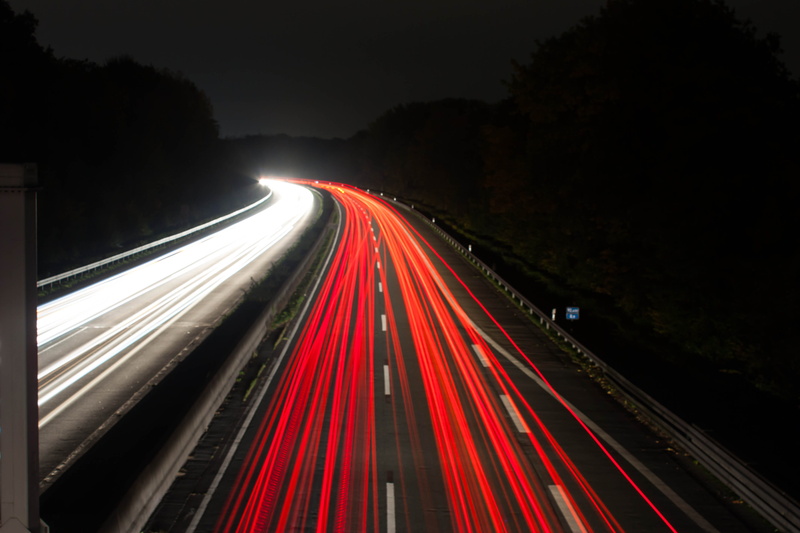 mode of transportation, city, transportation, direction, lights, highway, illuminated, street, road, red, 4K, no people, white, night, light trail, tail light