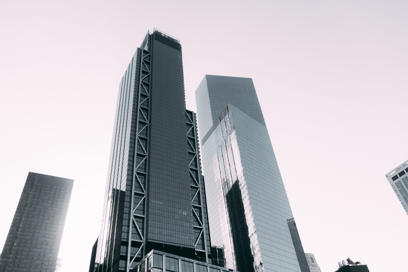 office, 5K, clear sky, spire, building exterior, no people, rise, high, buildings, nyc, glass - material, black and white, modern, nature