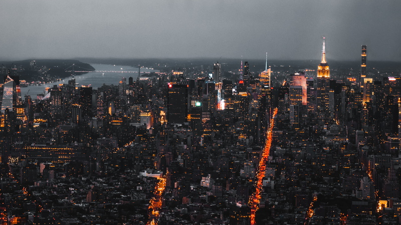 sky, spire, street, 4K, built structure, cityscape, illuminated, city, new york, building, office building exterior, skyscraper, pollution, fog, nightlife