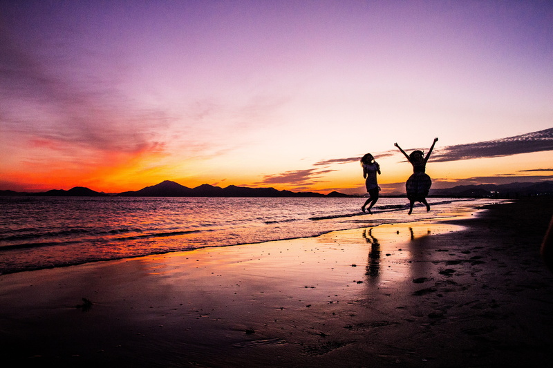 jumps, womens, beach, arms raised, the night sea, twilight, togetherness, positive emotion, landscape, outdoors, dadaepo beach, scenics - nature, two people