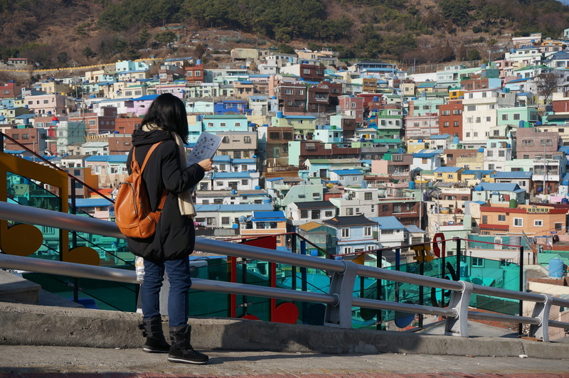 women, casual clothing, cityscape, outdoors, standing, looking at view, building, full length, one person, 4K, busan, day, residential district, water