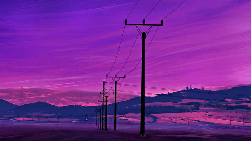 landscape, neon, power lines, 1080P, artwork