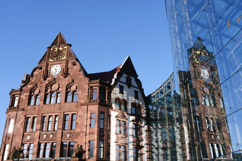 city, architecture, building, the past, clear sky, metropolis, building exterior, window, downtown, nature, low angle view, blue, spire, day, dortmund