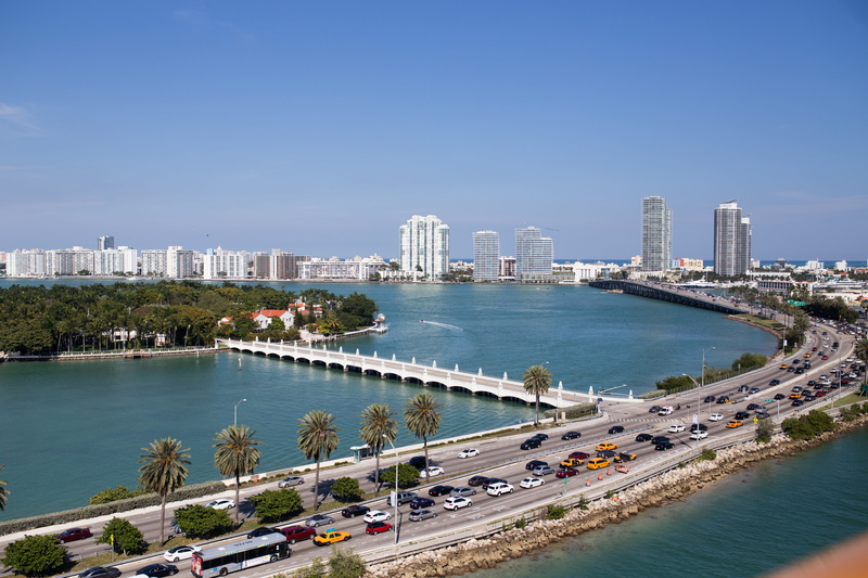 cityscape, road, day, travel destinations, bridge, no people, clear sky, miami, traffic, rickenbacker, sea, high angle view, waterway, urban skyline, building exterior