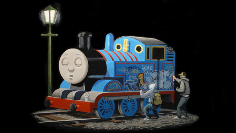 train, Thomas and Friends, full length, standing, outdoors, studio shot, graffiti, thomas, 1080P, night, human representation, choice, robot, humor