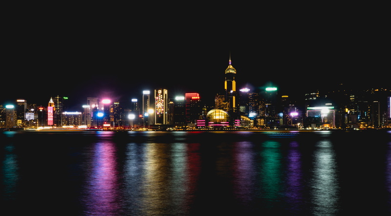 cityscape, office building exterior, 2K, water, outdoors, architecture, dark, built structure, modern, illuminated, hong kong, city, waterfront, reflection