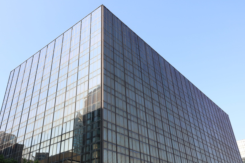 architecture, clear sky, pattern, office building exterior, blue, 5K, building exterior, built structure, low angle view, reflection, office, modern, no people