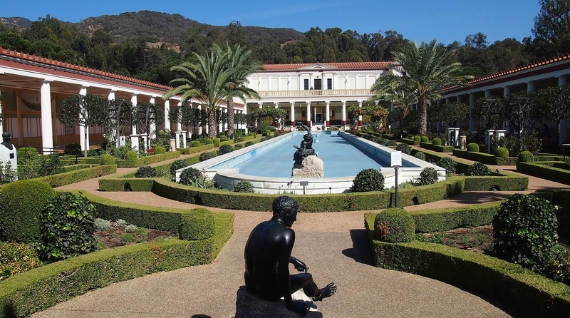 california, human representation, water, getty villa, tree, sculpture, fountain, representation, museum, malibu, built structure, plant, formal garden