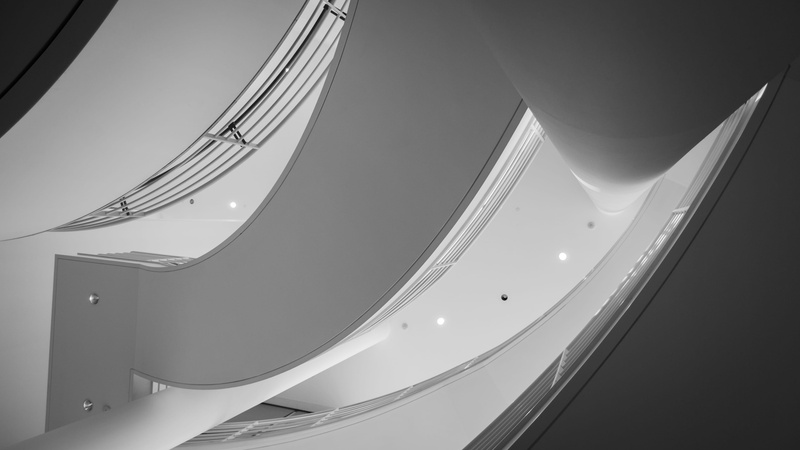 ceiling, indoors, getty, 4K, los angeles, architectural feature, low angle view, richard meier, glass - material, museum, staircase, built structure, illuminated