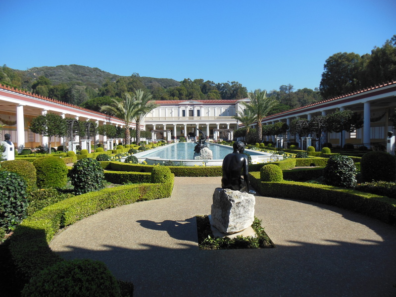 getty, plant, built structure, formal garden, hedge, building exterior, topiary, nature, tree, architecture, water, sunlight, shadow, sunny, paul getty museum
