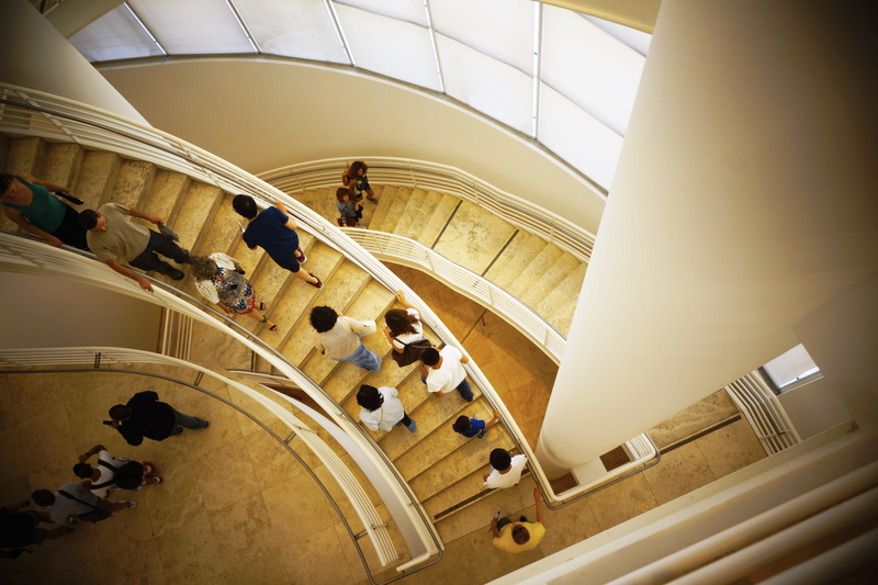 the getty, spiral staircase, indoors, la, building, architecture, 5K, skylight, usa, low angle view, architectural feature, spiral, crowd, large group of people