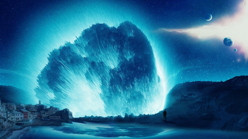the city, planets, blue haze, planet, city, голубая дымка, 2K, night, wave, phenomenon, lonely figure, a solitary figure, fantasy art