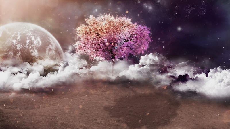 Artistic, Landscape, Colorful, 1080P, Tree, Moon, Planet, Lonely Tree, Cloud, Fantasy