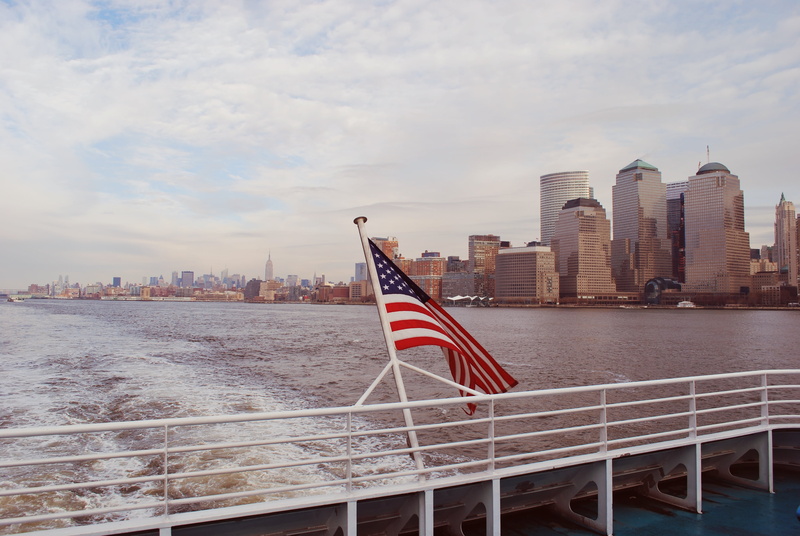 office building exterior, skyscraper, patriotism, 4K, flag, modern, new york, built structure, water, nature, architecture, building exterior, buildings