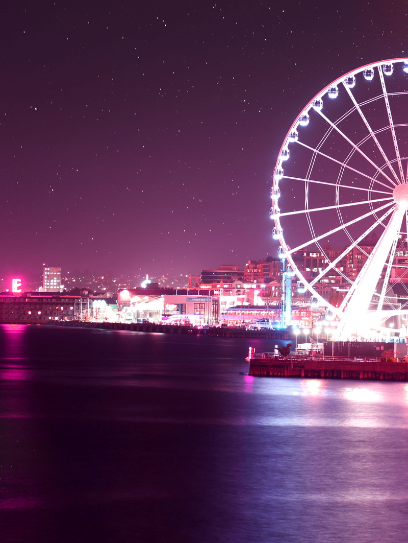 city, architecture, water, no people, purple, sea, amusement park ride, cityscape, amusement park, arts culture and entertainment, nightlife, ferris wheel