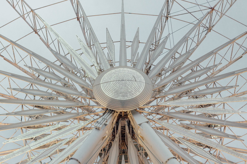 gray, ferris wheel, city, ceiling, directly below, modern, architecture, low angle view, daytime, day, star, no people, shape, wheel, metal, outdoors, architectural feature