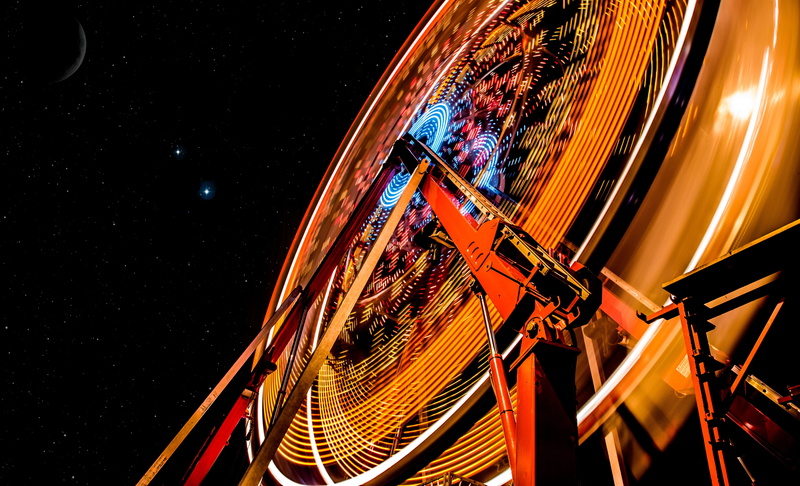 amusement park, long exposure, multi colored, 5K, no people, star - space, carnival, lights, arts culture and entertainment, city, amusement, outdoors