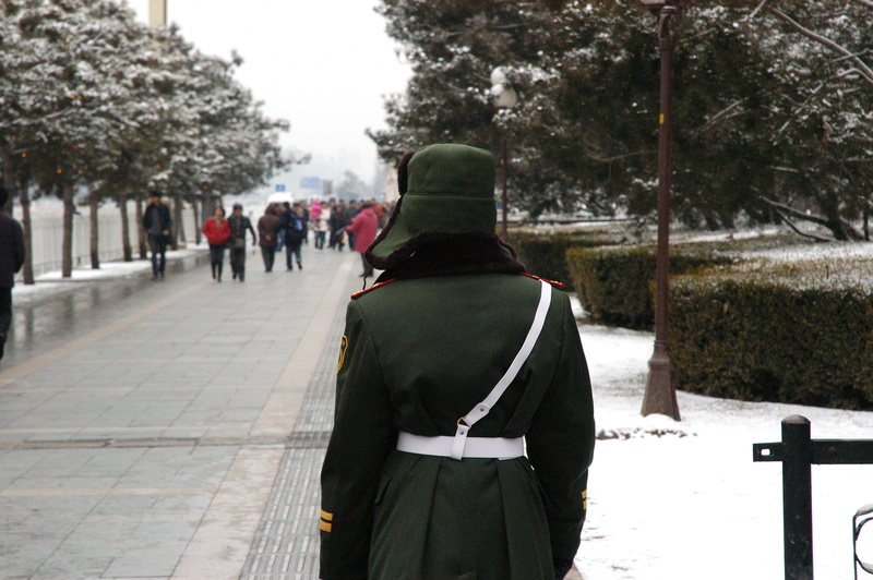 urban Scene, day, snow, clothing, Beijing, footpath, Soldier, square, 2K, walking, one person, tree, adult, China, rear view, Prc, nature, lifestyles